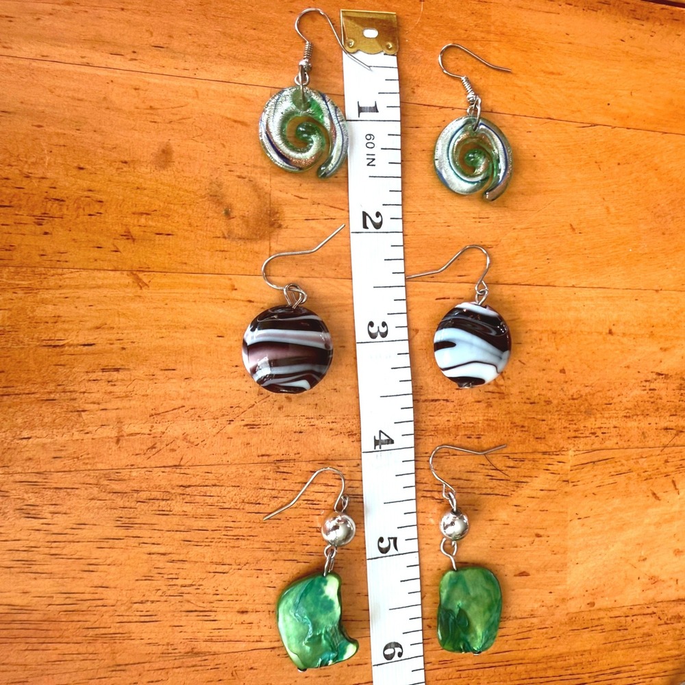 3 Pair Lot Handcrafted Glass Spiral Brown Swirl and Green Shell Drop Earrings